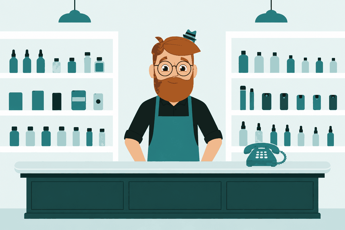 Le Barbu derrière son comptoir