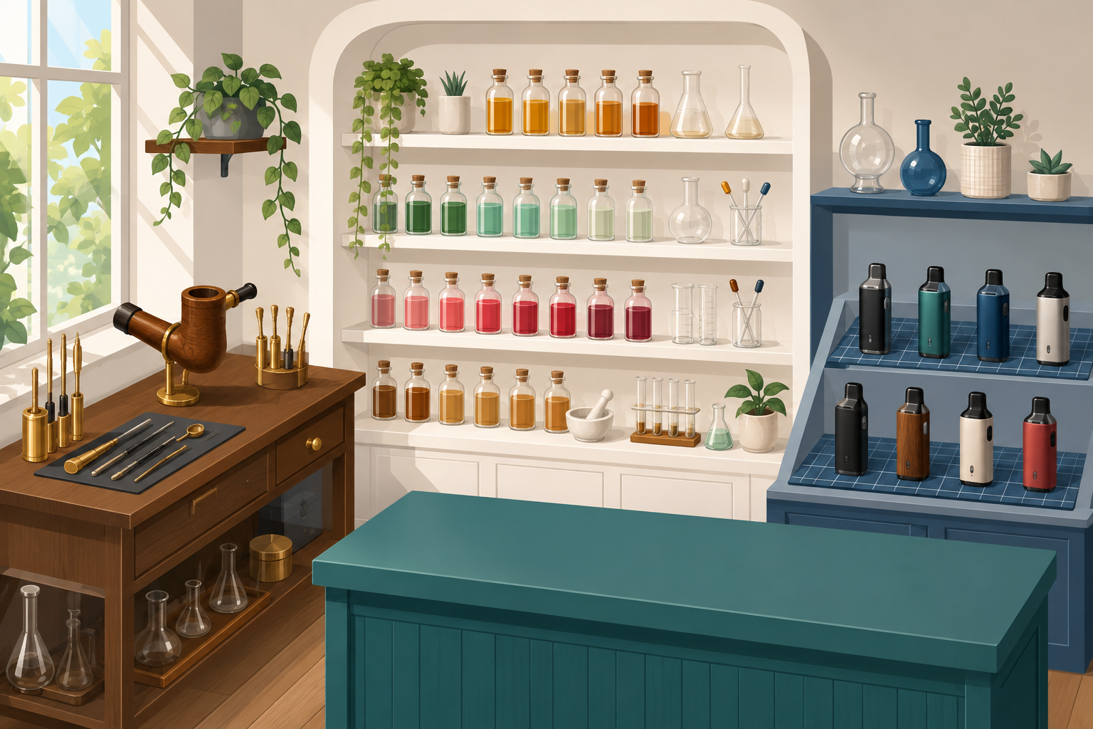 Le comptoir de la boutique-laboratoire iClope : un coin établi en bois, un mur de fioles colorées, une vitrine de matériel et un comptoir canard
